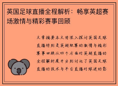 英国足球直播全程解析：畅享英超赛场激情与精彩赛事回顾